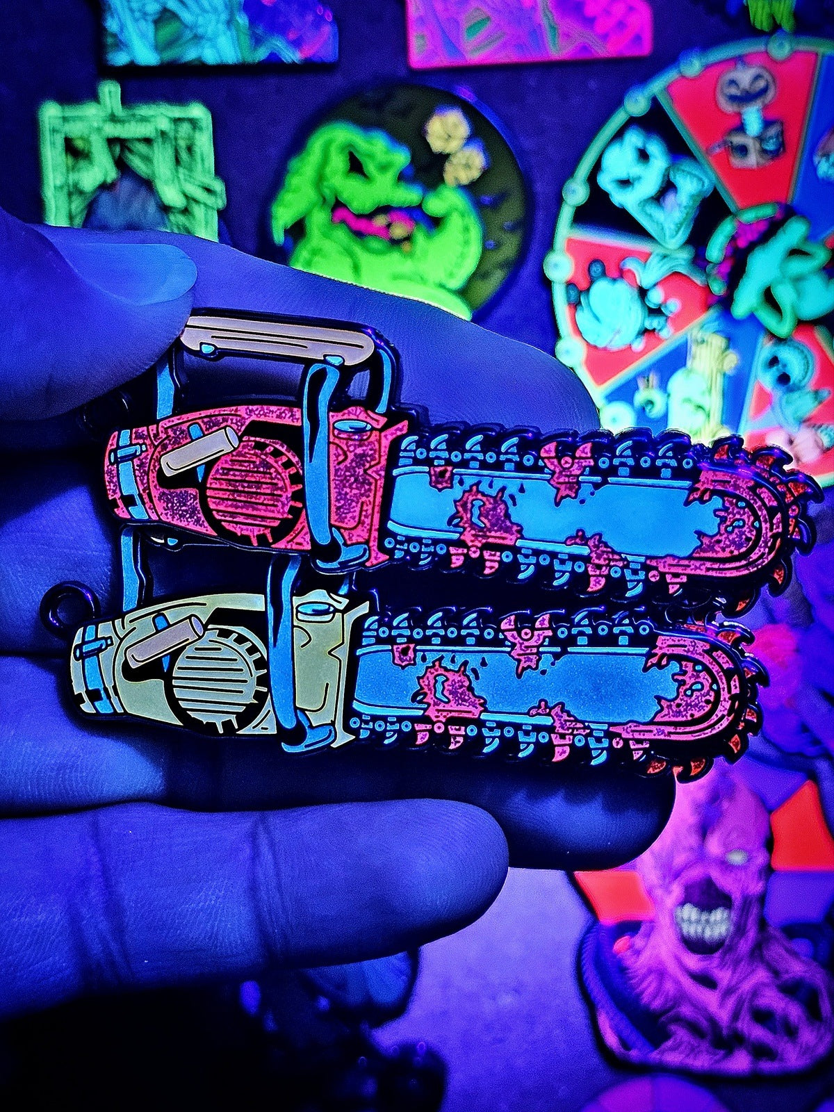 Groovy Spinning Chainsaw enamel pin/ keychain