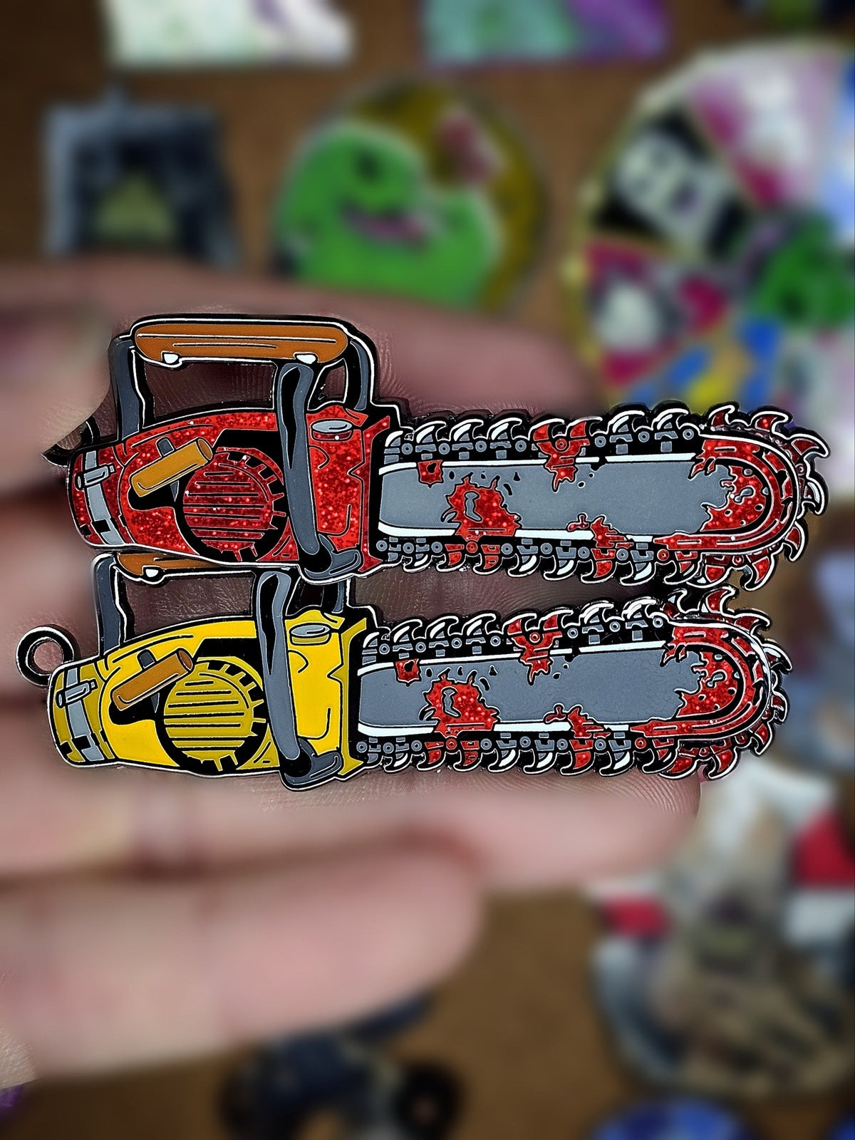 Groovy Spinning Chainsaw enamel pin/ keychain
