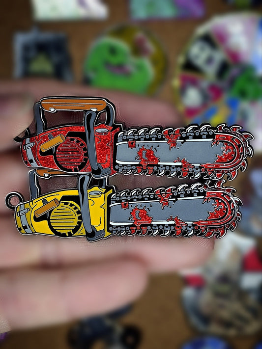 Groovy Spinning Chainsaw enamel pin/ keychain