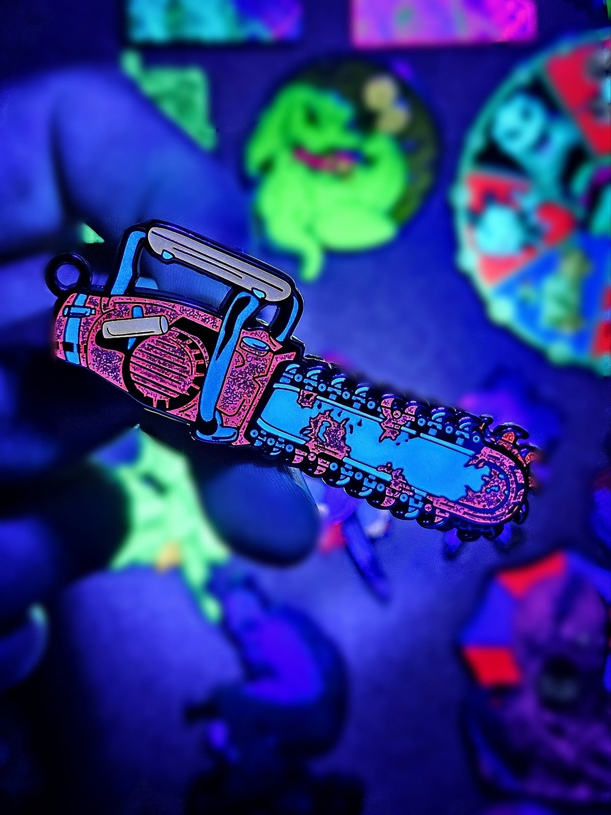 Groovy Spinning Chainsaw enamel pin/ keychain
