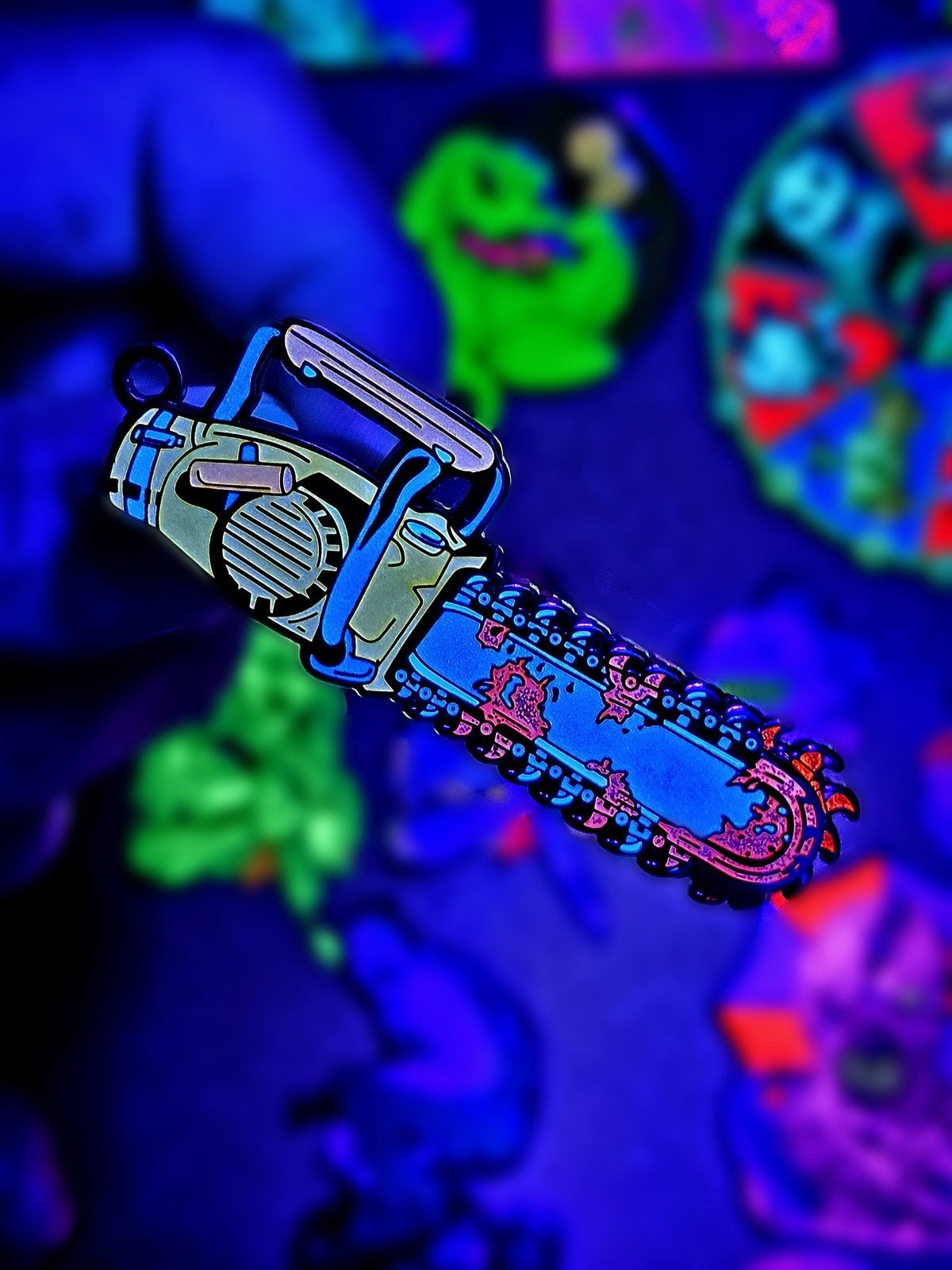 Groovy Spinning Chainsaw enamel pin/ keychain
